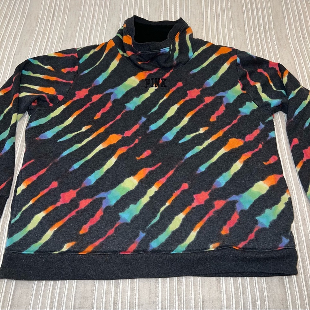 Victoria’s Secret PINK Black & Rainbow Tie Dye Sweatshirt with Pockets